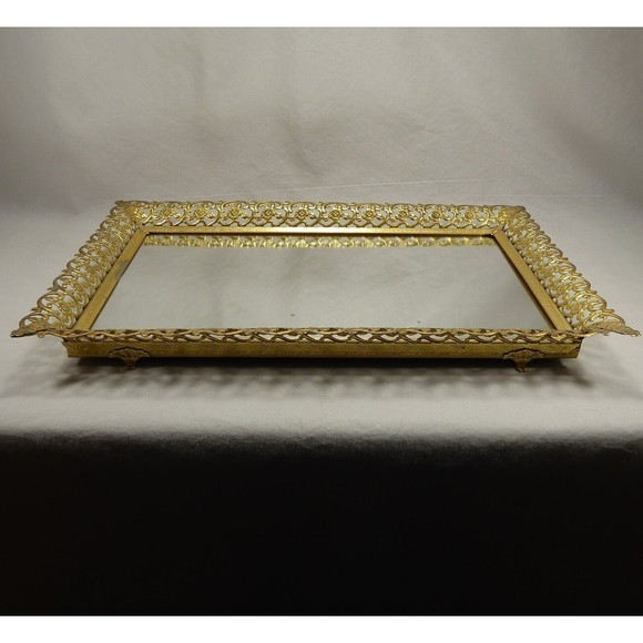 Vintage 16x11 Ornate Gold Mirrored Vanity Tray - Picture 3 of 10